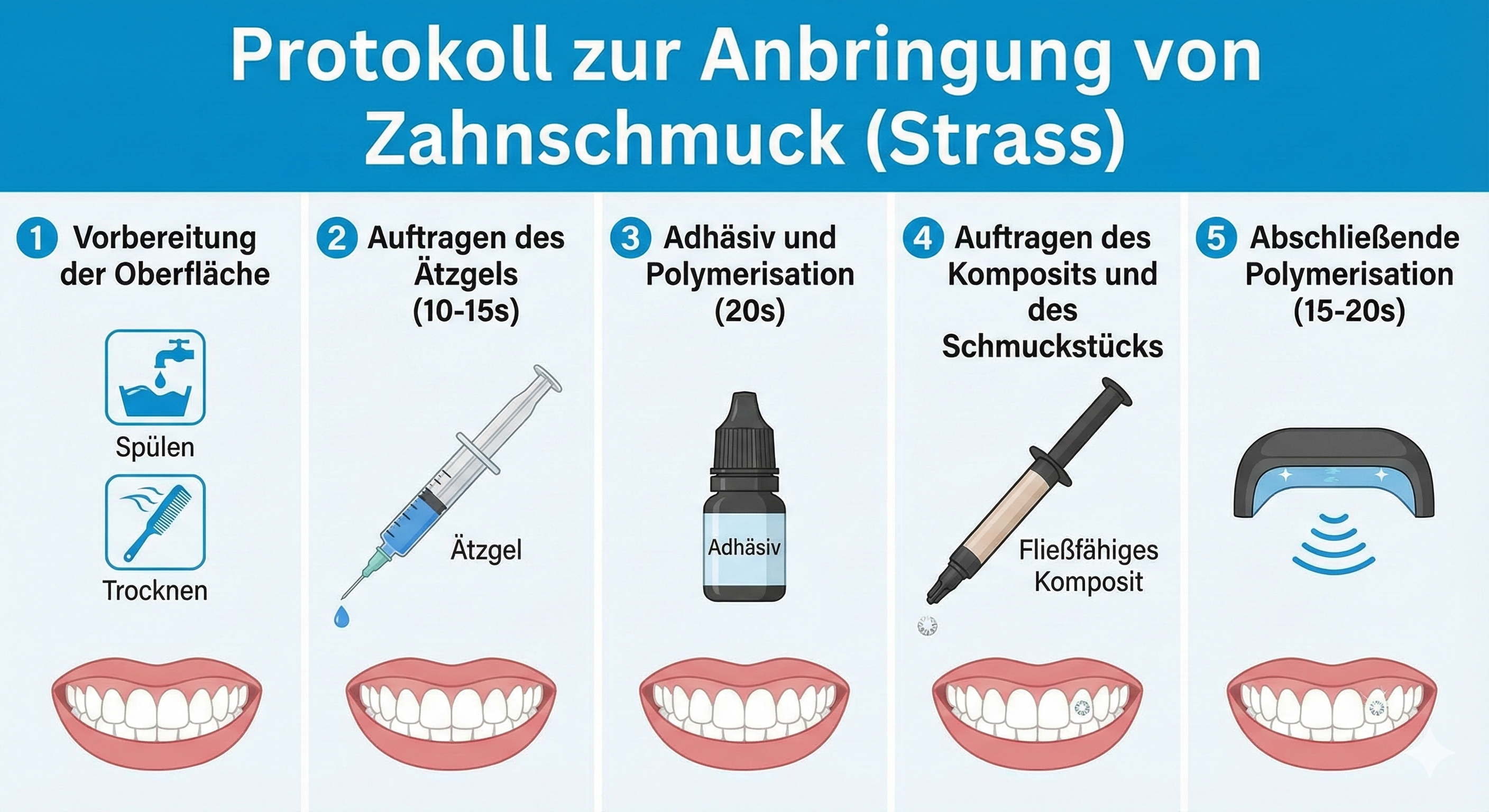 Infografik mit der fünfstufigen Anleitung zum Aufbringen von Strasssteinen in der Zahnheilkunde. Die Schritte sind: 1. Oberflächenvorbereitung (Spülen und Trocknen). 2. Auftragen des Haftgels. 3. Haftvermittler und Aushärtung. 4. Aufbringen des Komposits und des Strasssteins. 5. Abschließende Aushärtung. Symbole veranschaulichen die einzelnen Phasen.