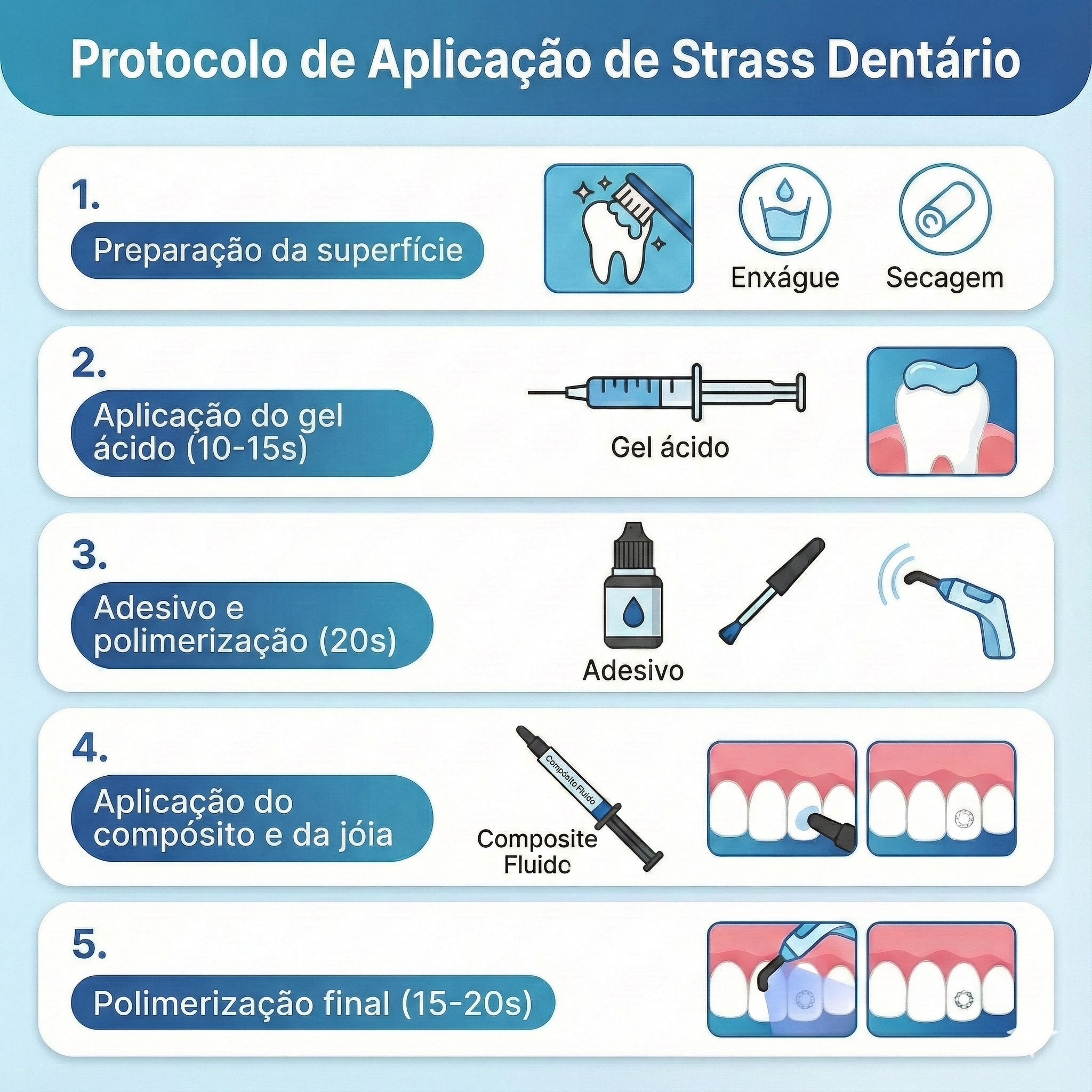 Infográfico que detalha o protocolo de cinco passos para a aplicação de strass dentários. As etapas são: 1. Preparação da superfície, incluindo enxaguamento e secagem. 2. Aplicação do gel adesivo. 3.º Adesivo e polimerização. 4. Aplicação da resina composta e da gema. 5.º Polimerização final. Os ícones ilustram cada fase.